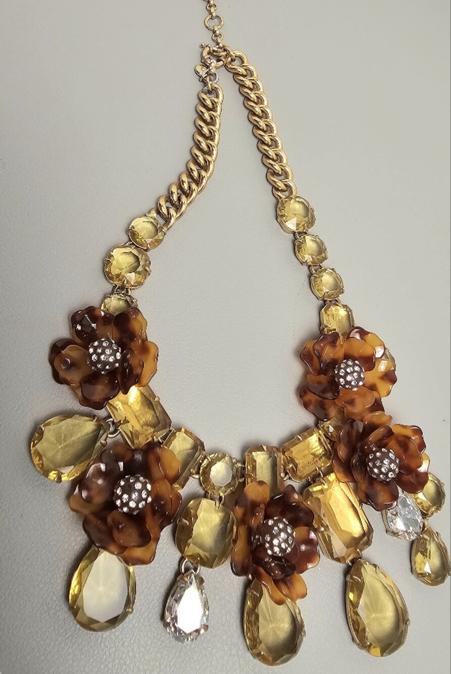 [J. Crew] Chunky Tortoise Flowers Yellow & Clear Faceted Crystal Bib Statement - Picture 8 of 16